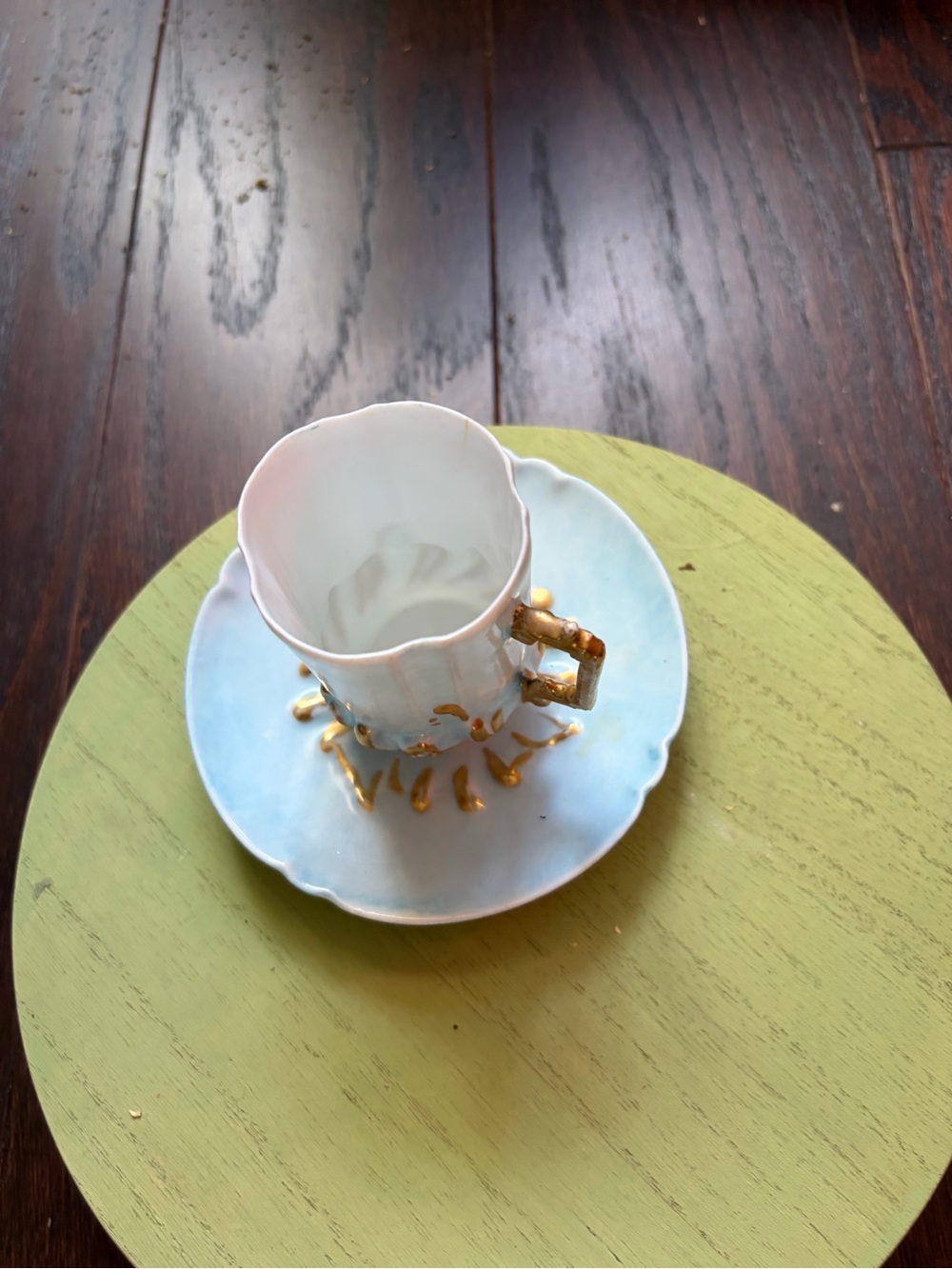 Vintage White and Light Blue Porcelain Demitasse Cup with Gold Trim